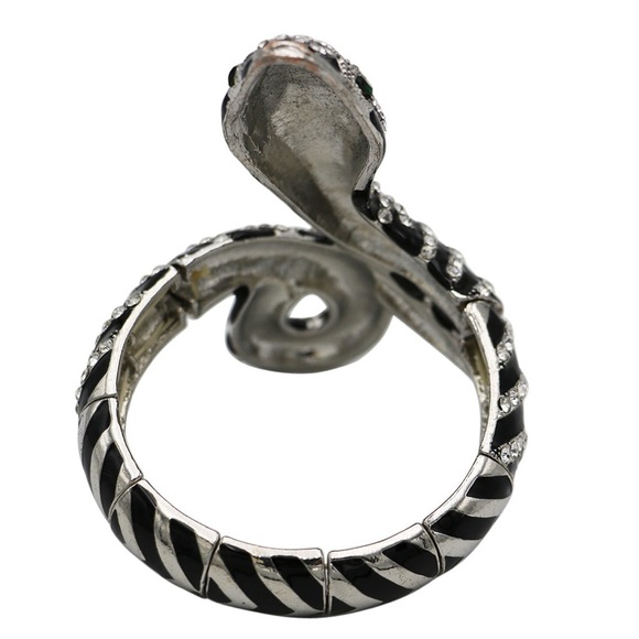 80\'s King Snake Black Enamel w Clear Crystal Silver Toned Bracelet green eyes